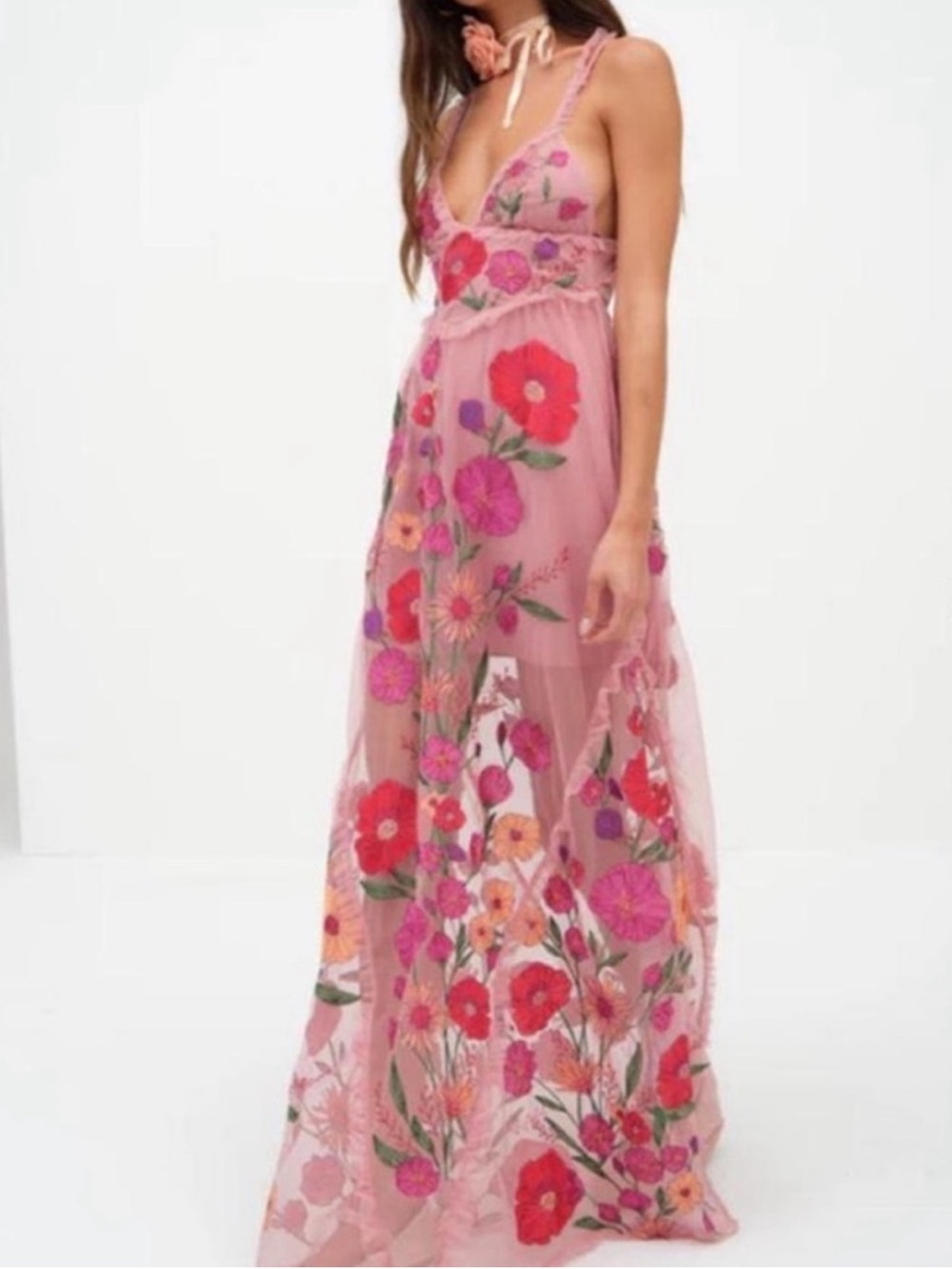 For Love & Lemons Pink Sheer Floral Embroidered Maxi Dress NWT